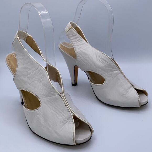 Looky White Leather Slingback Peep Toe Cutout Heeled Sandals Bootie Size 36 US 6 - Picture 1 of 16